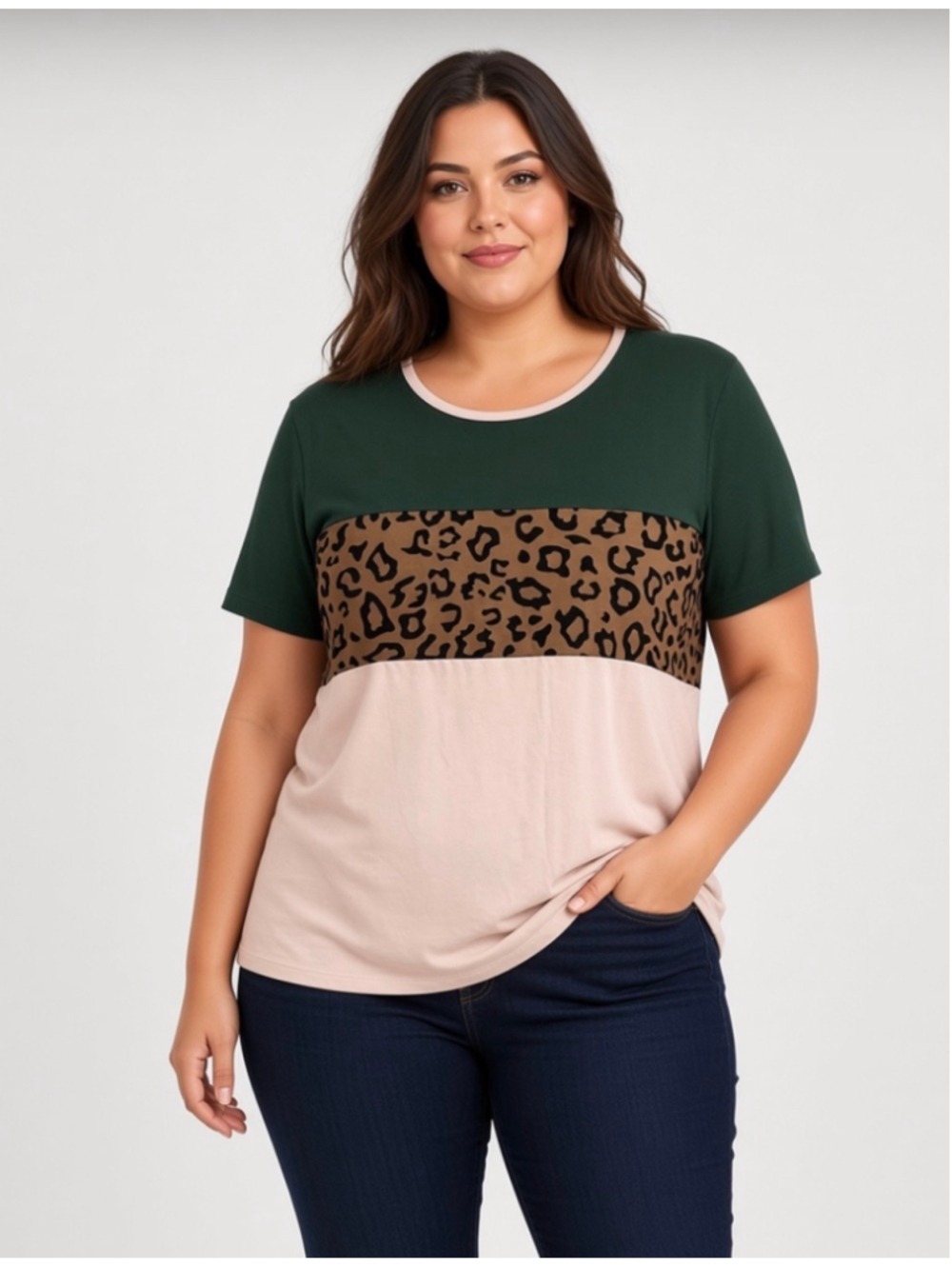 Tickled Teal Colorblock Leopard Print Short Sleeve Tee Top Casual Shirt Size XL